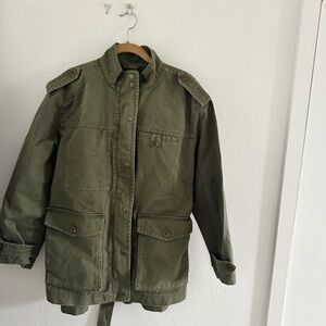 Oversized Utility (runs a little big) Jacket in Desert Olive with tie belt.